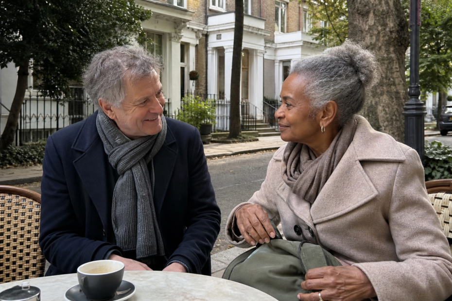 Mature singles over 60 talking at a neighbourhood cafe in Islington