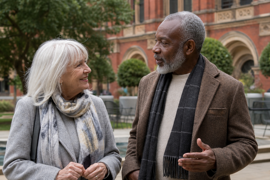 Mature singles over 60 talking in a museum courtyard in Kensington