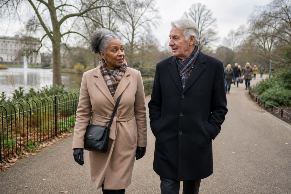 Mature couple over 60 walking together in St James Park, Westminster