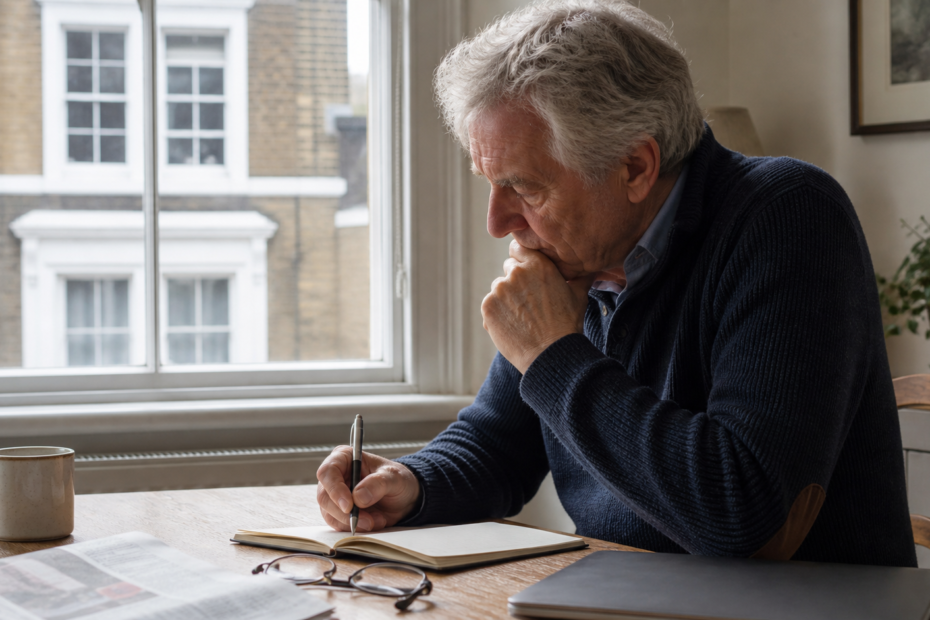 London man over 60 writing an honest online dating profile at home