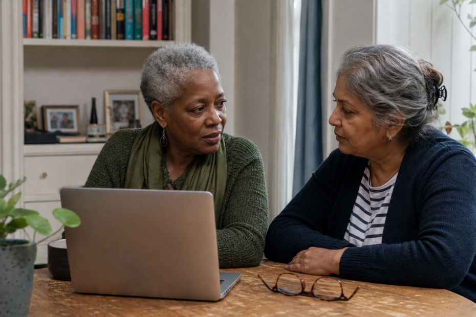 Two diverse London women over 60 reviewing an online dating conversation safely together